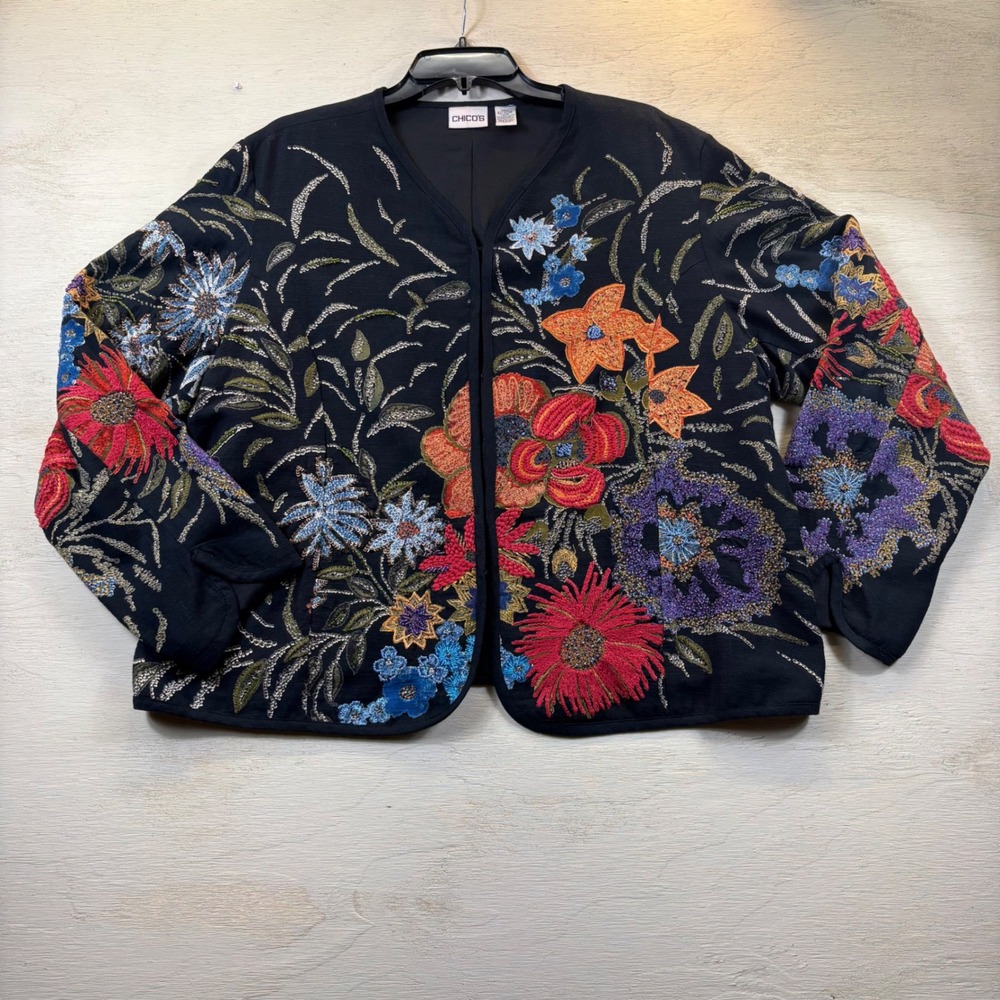 Chico's 3XL Black Floral Embroidered Boho Jacket Beaded Sequin Y2K Floral